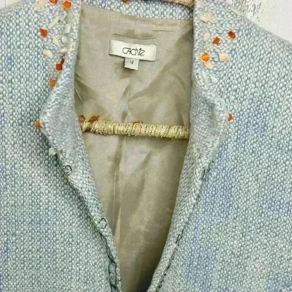 CACHE Boucle Tweed Top Jacket Lined Embellished Beads - Picture 6 of 7